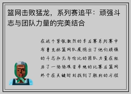 篮网击败猛龙，系列赛追平：顽强斗志与团队力量的完美结合