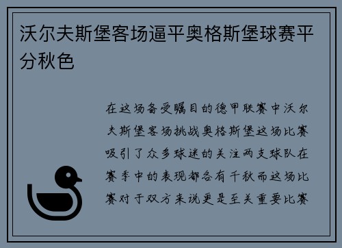沃尔夫斯堡客场逼平奥格斯堡球赛平分秋色
