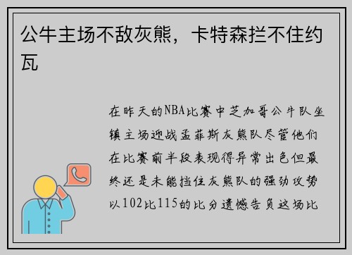 公牛主场不敌灰熊，卡特森拦不住约瓦